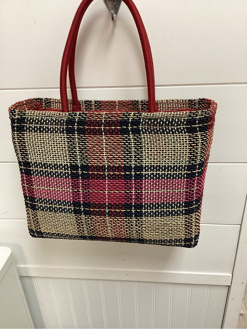 Woven Plaid Tote Bag with Red Handles